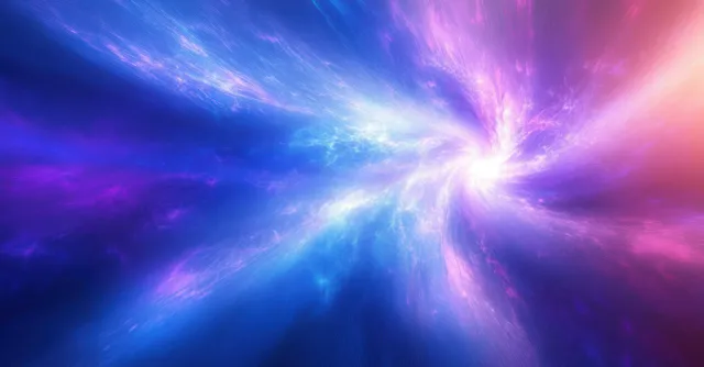 A central cosmic explosion radiates swirling blue, purple, and pink light beams into a glowing nebula background.