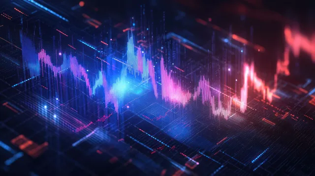 Glowing blue and pink 3D data waves ripple across a digital network grid