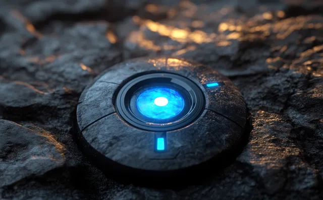 A circular start button on textured black leather glows with a bright blue power light.