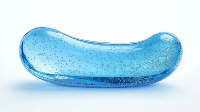 Translucent blue elongated capsule with tiny dark particles suspended inside, softly glowing on a white background.