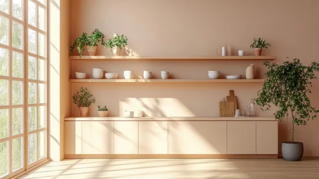 A serene Scandinavian kitchen with soft peach walls, natural light, simple ceramics, and vibrant green plants.