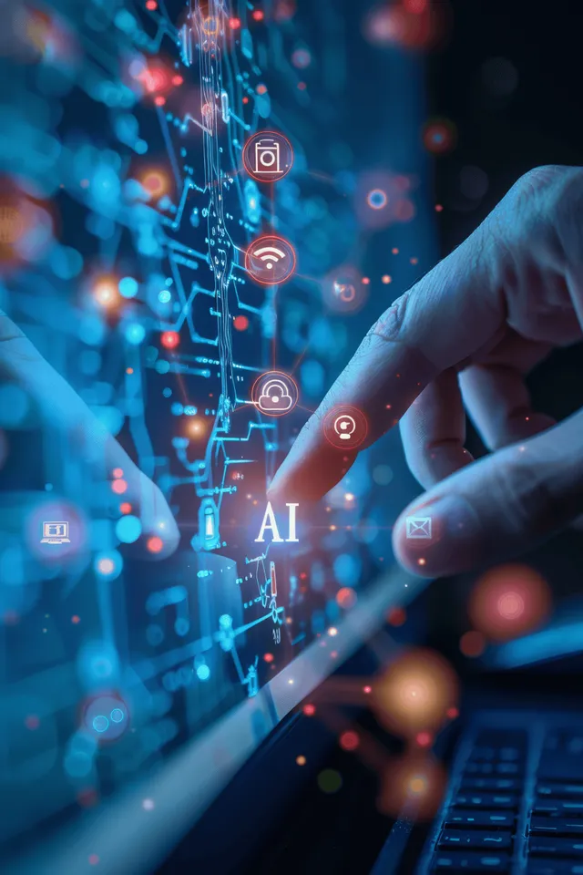 Hand hovering over glowing AI interface icons in a futuristic cloud data network