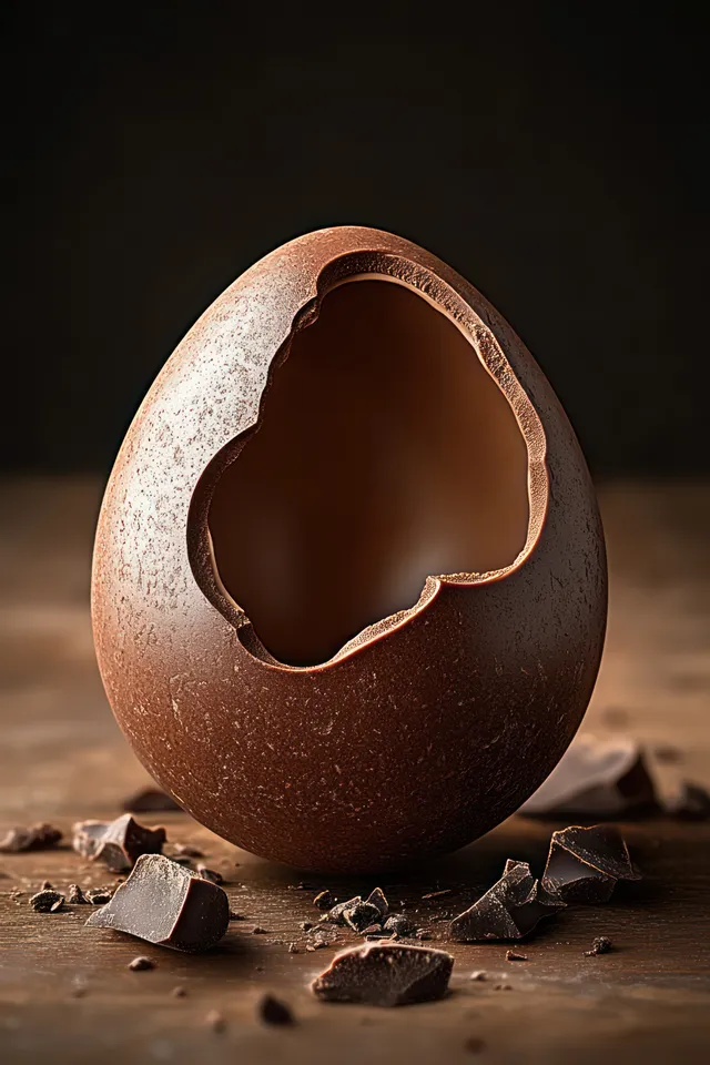 Bitten dark chocolate hollow egg with scattered chocolate shards on wooden table