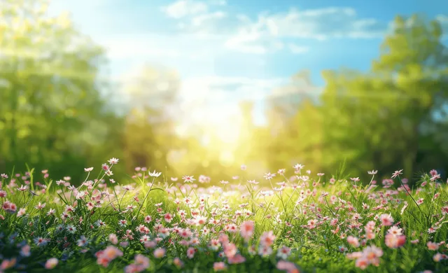 Sunlit meadow with pink and white wildflowers, green grass, and leafy trees in the background.