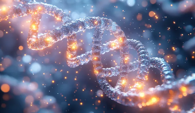Glowing DNA helix emerging from glittering particles in a dark laboratory backdrop