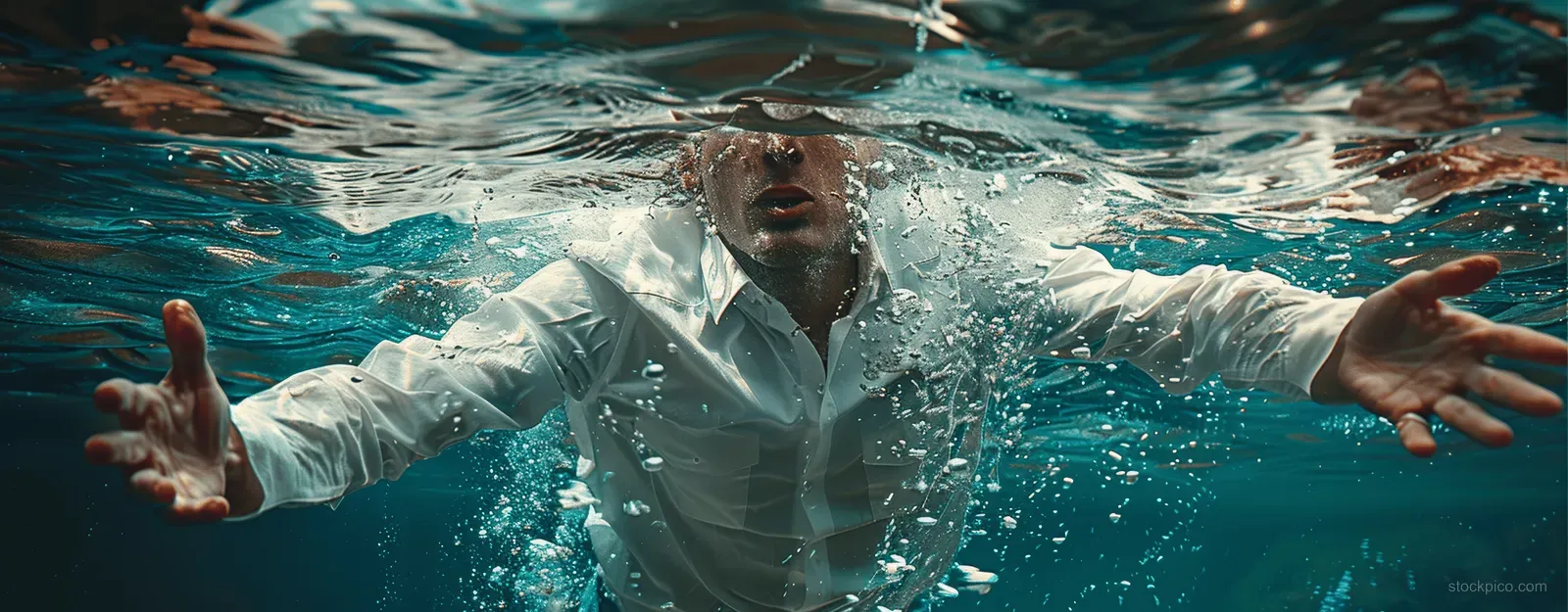 A white shirt floats underwater surrounded by bubbles, foam, and swirling water waves.