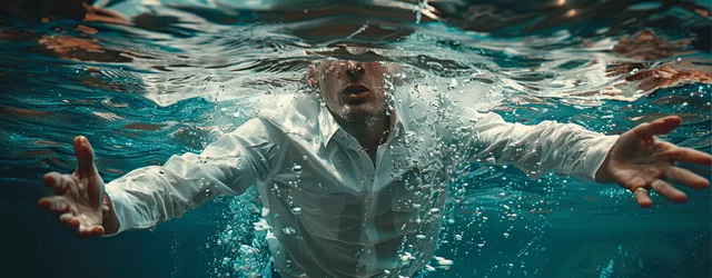 A white shirt floats underwater surrounded by bubbles, foam, and swirling water waves.