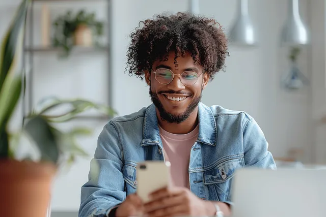 Happy young man texting on smartphone at office desk with laptop and soft lighting
