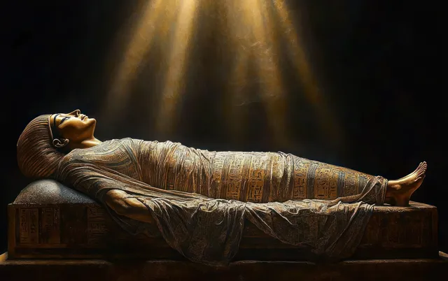 Ancient Egyptian mummy reclines on stone bier under dramatic golden light beams