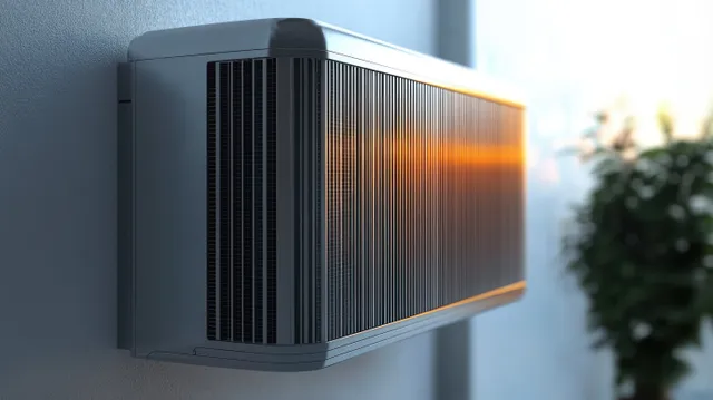 Wall-mounted air conditioner glowing in sunlight with a blurred plant nearby