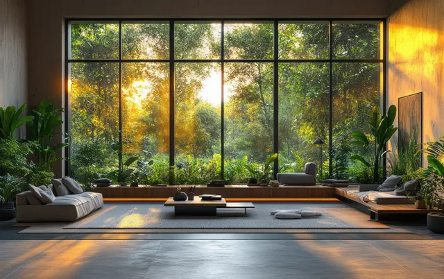 Minimalist office lounge with floor-to-ceiling glass windows and potted plants catching warm afternoon sunlight.