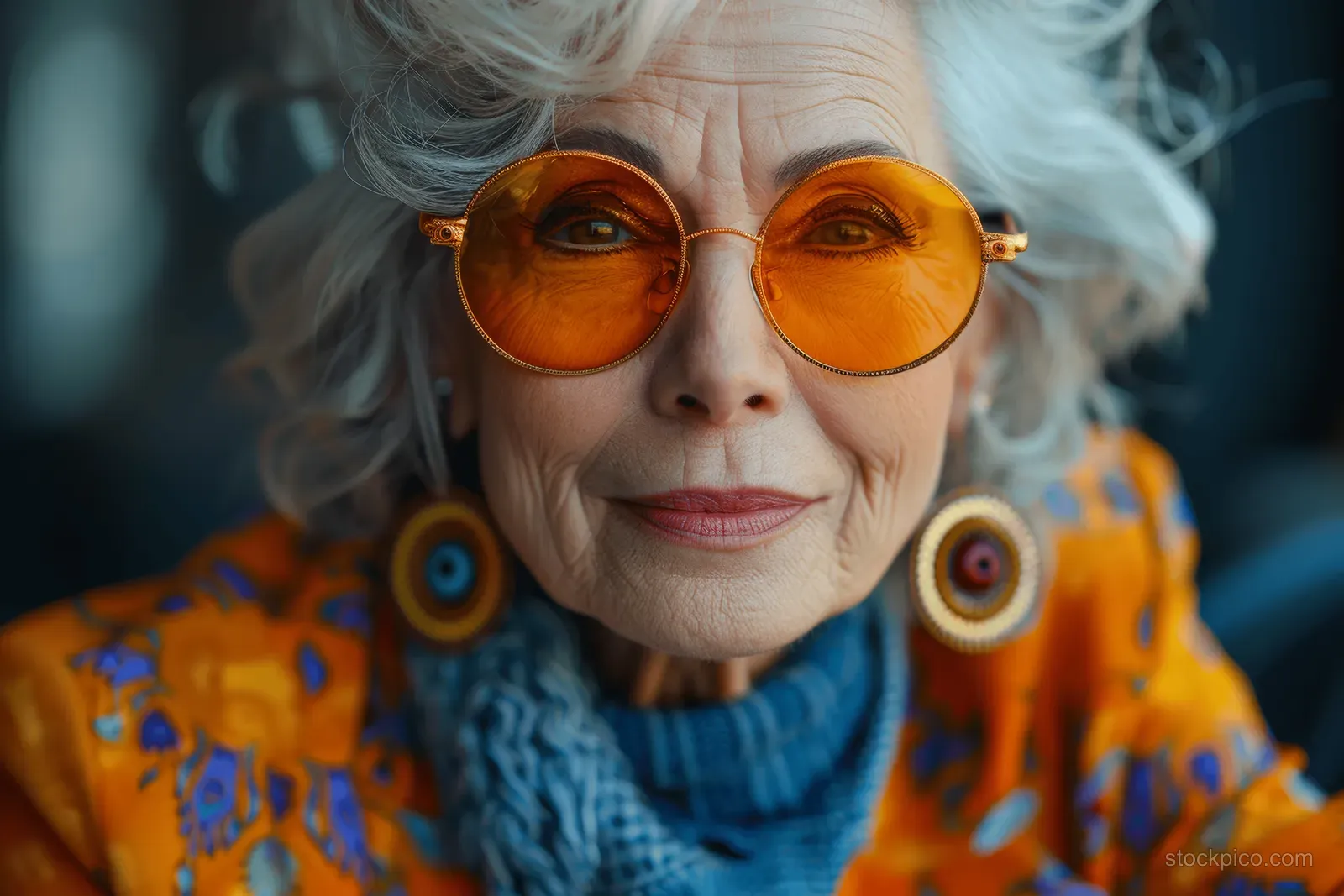 Senior woman laughing with orange sunglasses and a patterned sweater in a fashion studio setting.