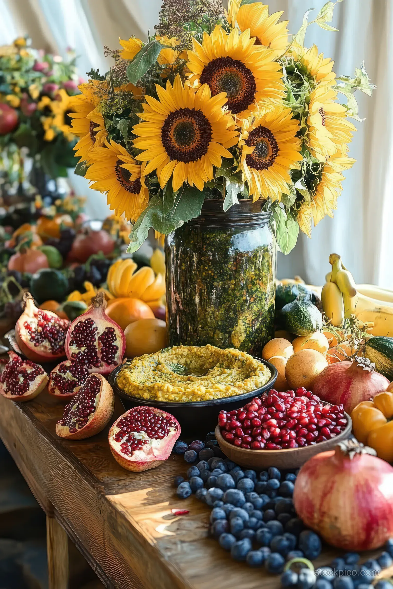 Sunflowers in a jar on a rustic table with pomegranates, blueberries, bananas, and a bowl of yellow dip.
