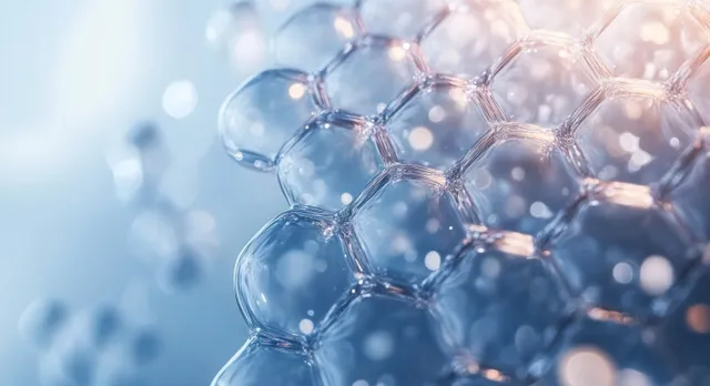 Glowing serum droplet sits on a translucent skin cell model with soft blue hexagonal reflections and light bokeh.