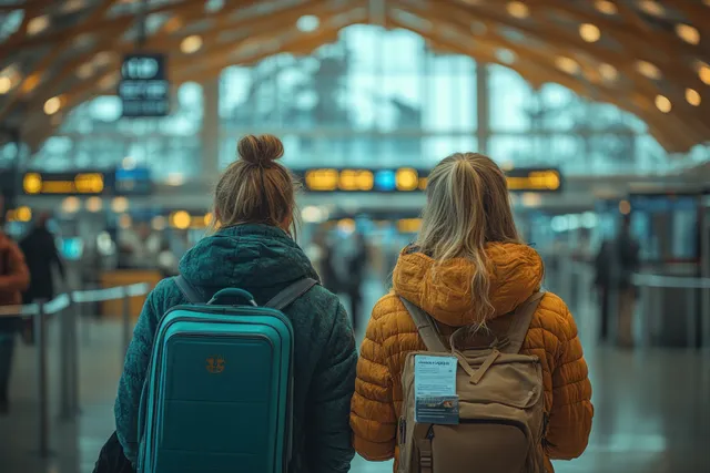 Two women travelers walk through airport terminal toward boarding gate