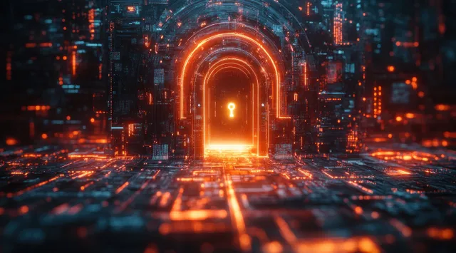 Glowing digital lock in a cyberpunk city background with neon data streams and holographic security UI symbols.