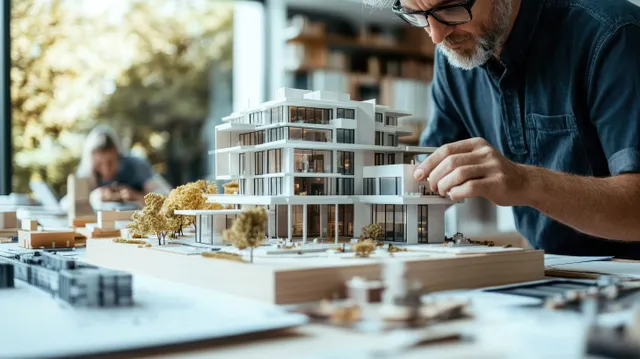An architect’s hands adjust a modern building scale model on a wooden base beside miniature trees and blueprint pages.
