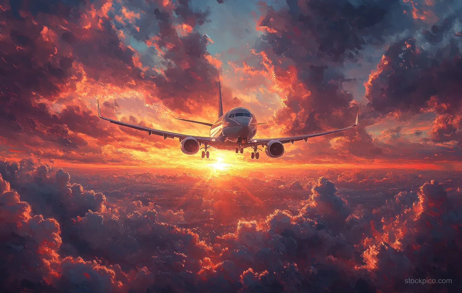 Airplane flying toward the sunset above layered clouds with fiery orange and blue sky colors.