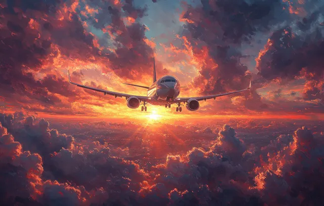 Airplane flying toward the sunset above layered clouds with fiery orange and blue sky colors.