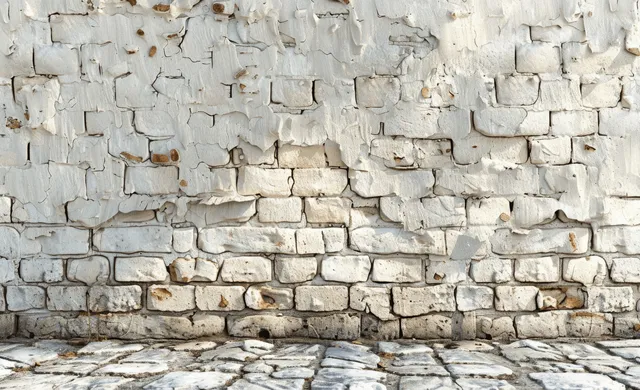 Whitewashed cream brick wall with rough mortar joints and an uneven aged surface in an empty interior setting.