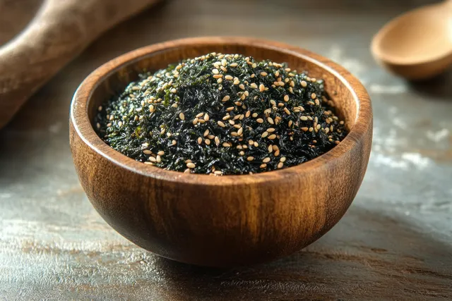 A wooden bowl of dark seaweed topped with sesame seeds sits on a textured wooden table with a blurred spoon in back.