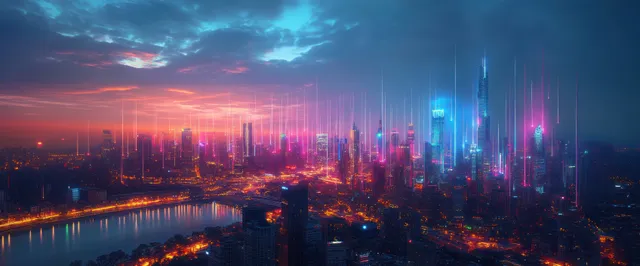 Neon-lit futuristic city skyline at dusk, with glowing light trails across the networked streets