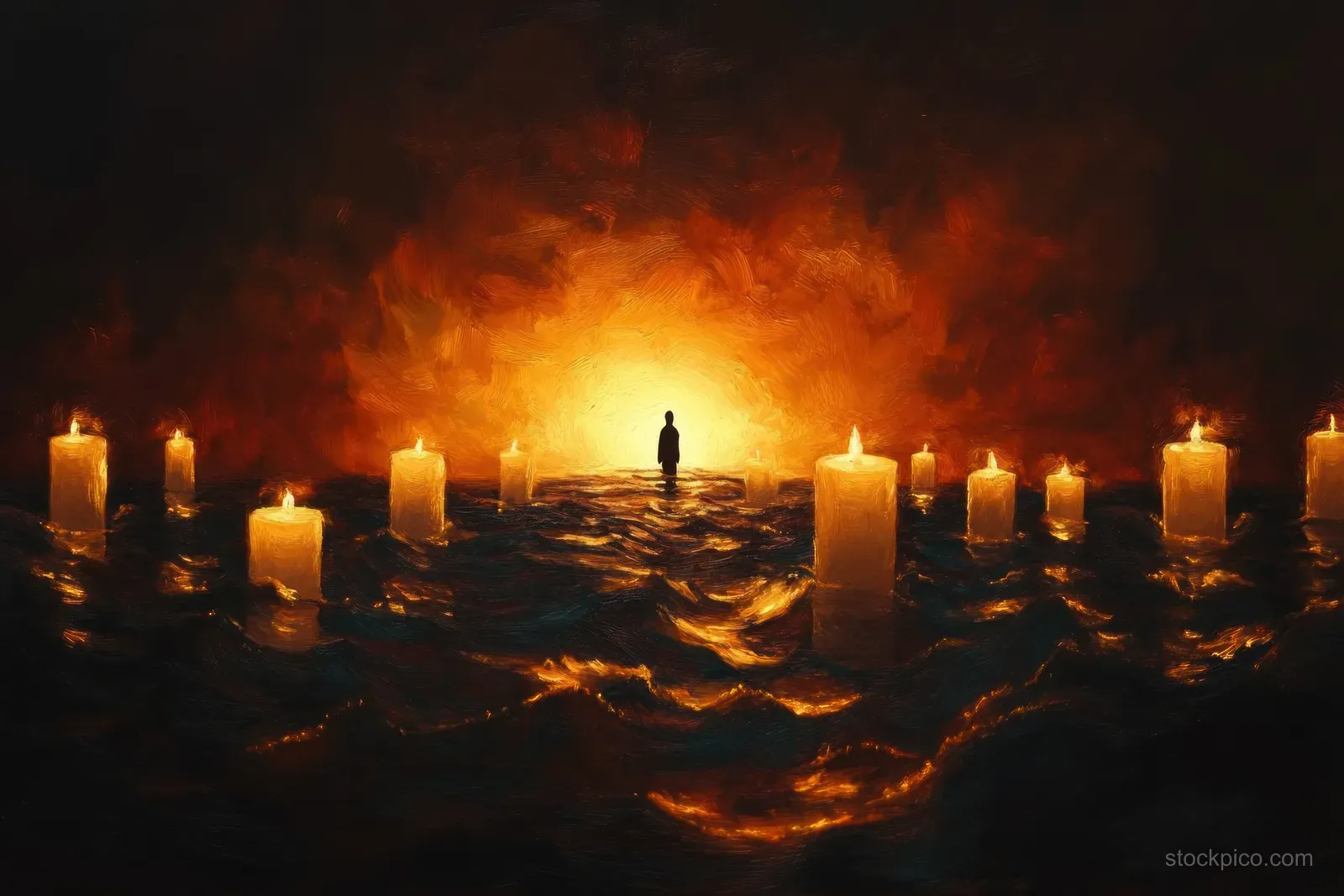 A silhouetted person stands on dark water between floating glowing candles under a fiery orange sky.