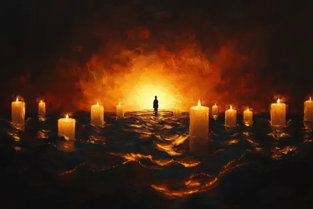 A silhouetted person stands on dark water between floating glowing candles under a fiery orange sky.