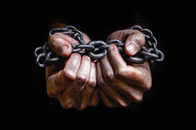 Fist gripping rusty chains on dark background, symbolizing captivity and desperate struggle