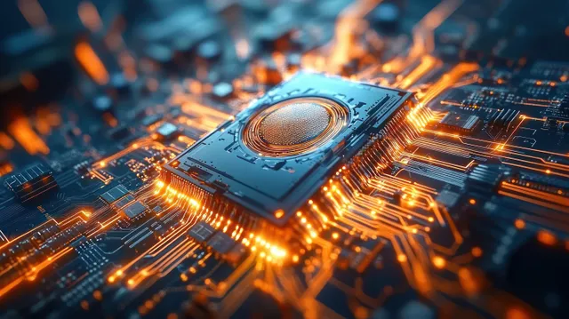 Close-up futuristic chip on a motherboard with glowing orange circuit traces and neon signal paths