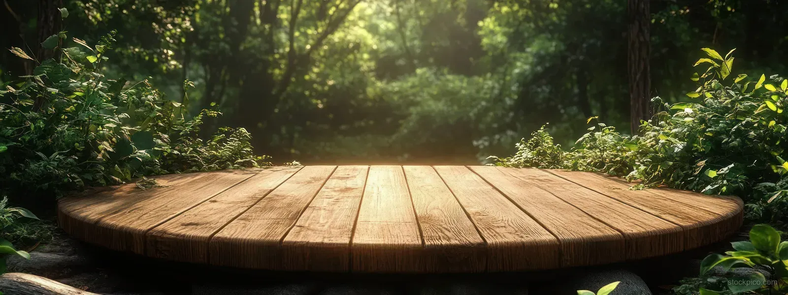 Circular wooden platform in a sunlit forest clearing with warm light rays and lush green foliage around it.