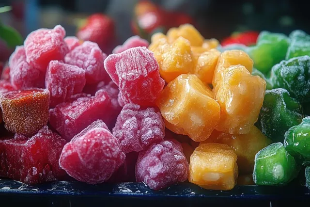 Colorful chewy dodol candies arranged on a dark tray