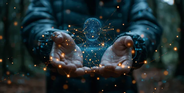 Futuristic holographic interface showcasing AI technology for cybersecurity and digital innovation with network and automation elements.