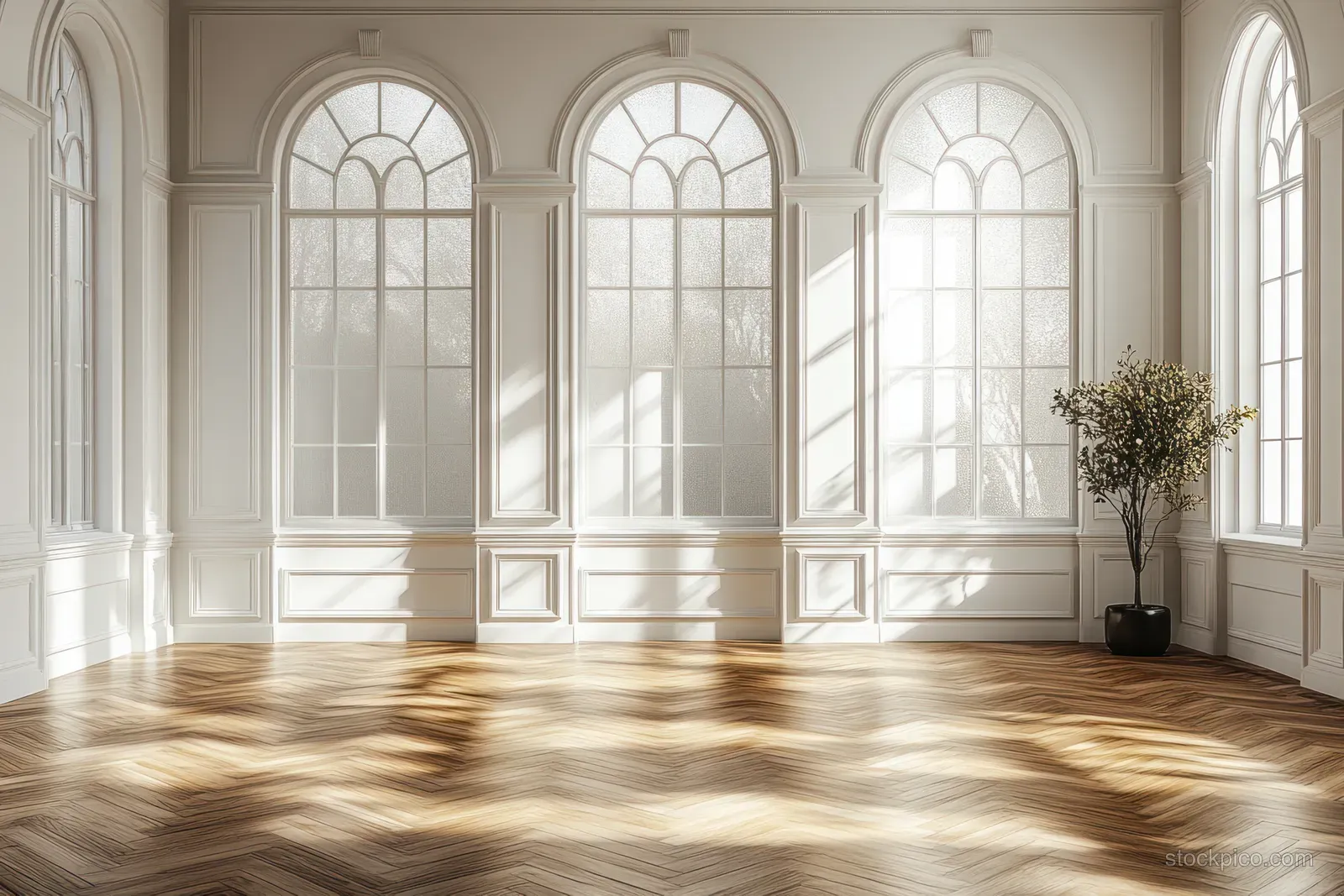 Bright Scandinavian interior with chevron wood floor and arched windows draped in sheer curtains.