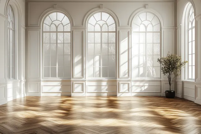 Bright Scandinavian interior with chevron wood floor and arched windows draped in sheer curtains.