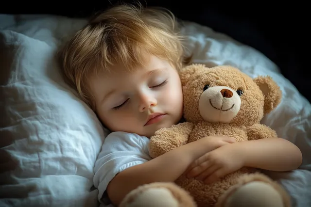 Sleeping child hugging a teddy bear on a soft bed with white bedding