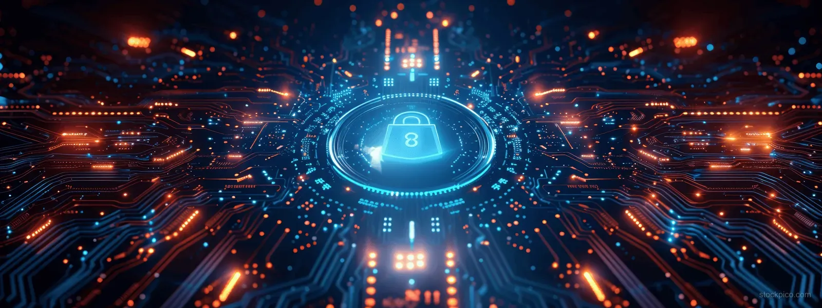 A glowing holographic lock and digital identity icon hover over blue circuit board lines.