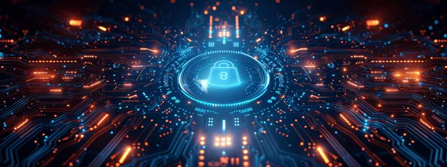 Cyber security lock and digital identity hologram over blue circuit board lines
