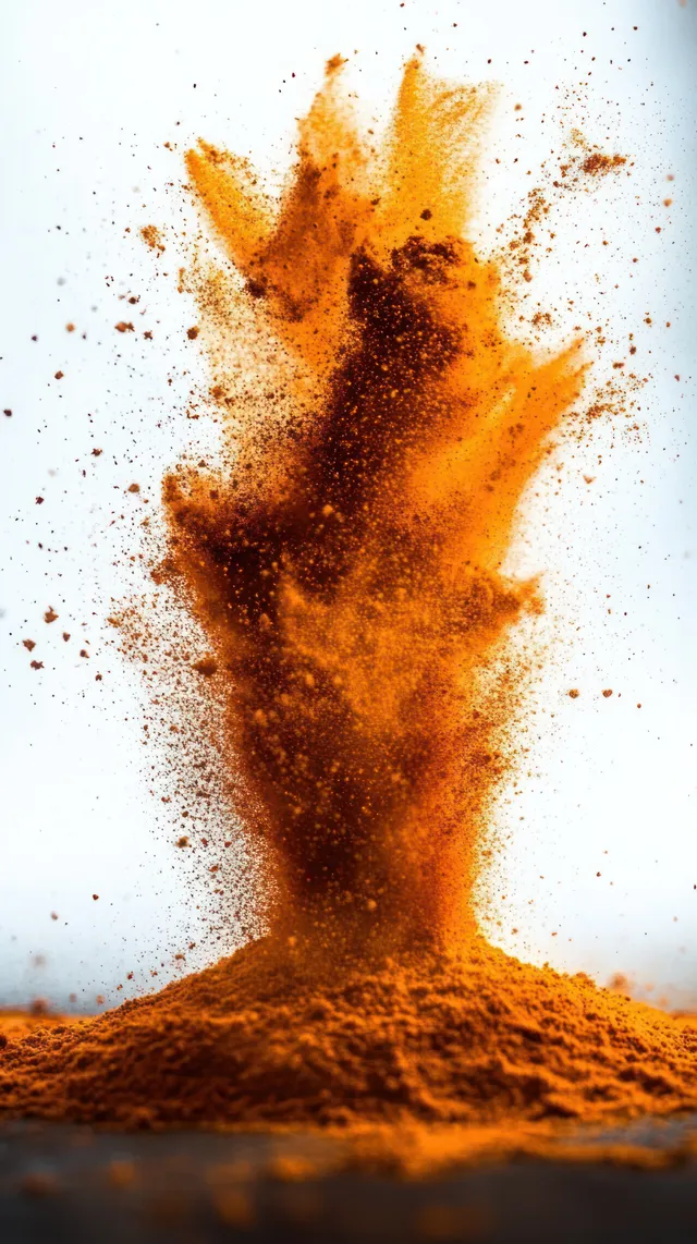 Orange powder erupts upward, forming a cloud of airborne dust particles against a light background.