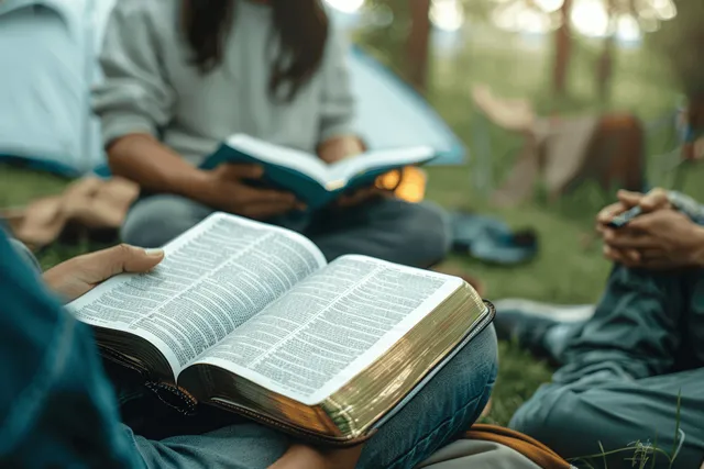 Young adults read and discuss an open Bible on park benches during fellowship