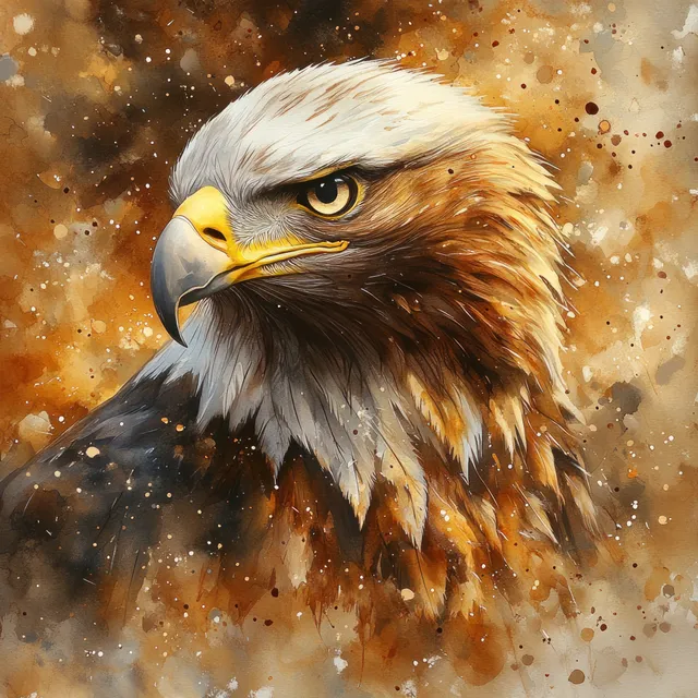 Golden-eyed eagle head portrait surrounded by warm watercolor splatter and earthy brown feathers.