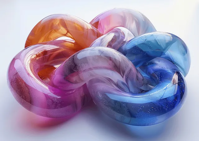 Colorful iridescent glass knot on white background with swirling reflections