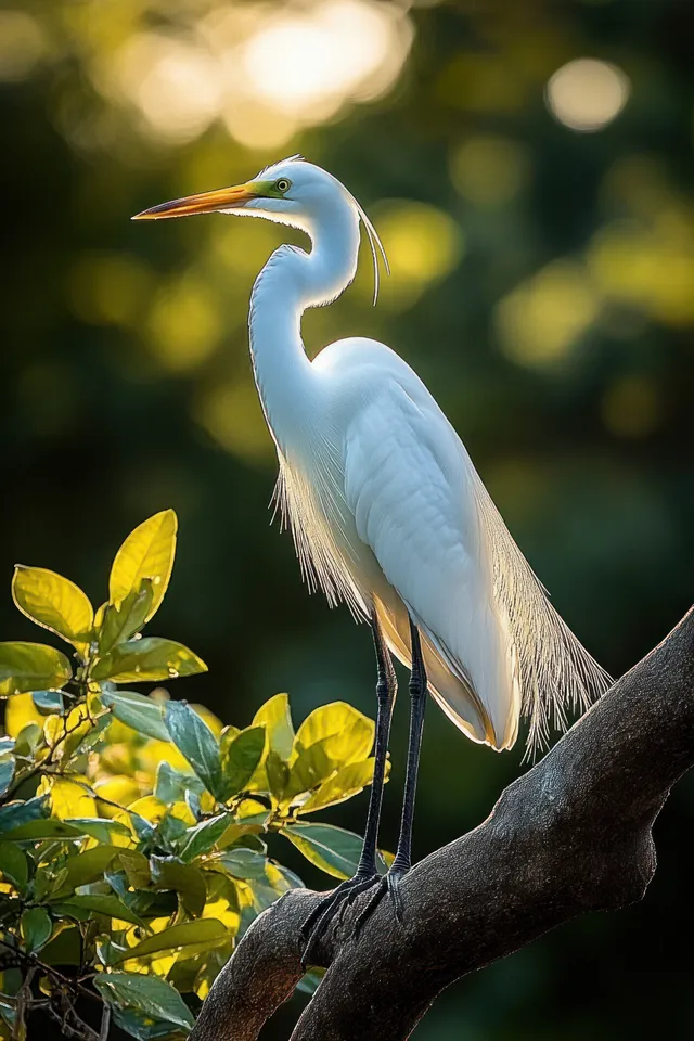 White heron perched on a branch, slender neck highlighted against sunlit green foliage
