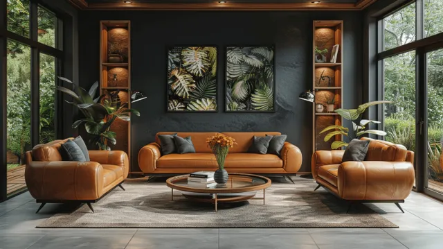 Warm modern living room with leather chairs, black sofa, and wood cabinet by large windows