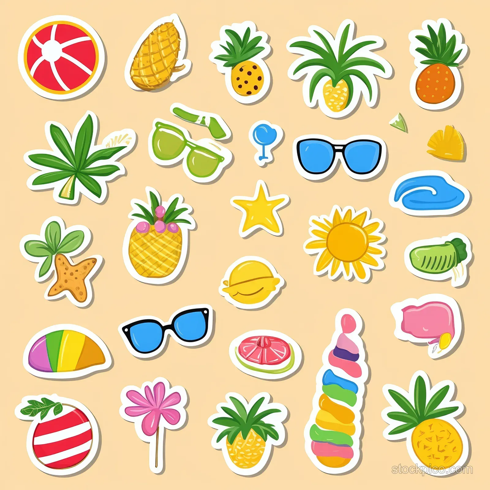 Colorful Hand-Drawn Summer Sticker Set with Beach Vacation Icons