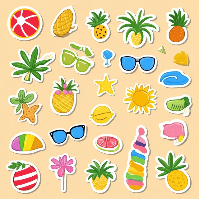 Colorful Hand-Drawn Summer Sticker Set with Beach Vacation Icons