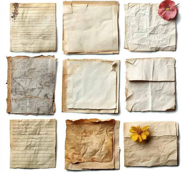 A collage grid of torn sepia paper notes with tape and pinned flowers on a light background.