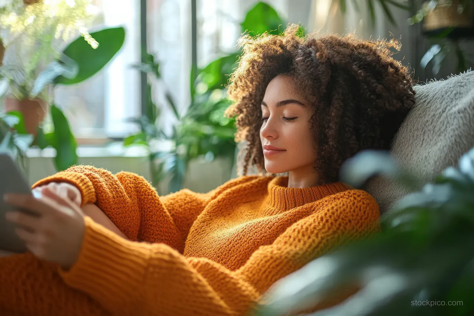Young woman in an orange sweater lounges on a couch, focused on her smartphone while browsing shopping apps.