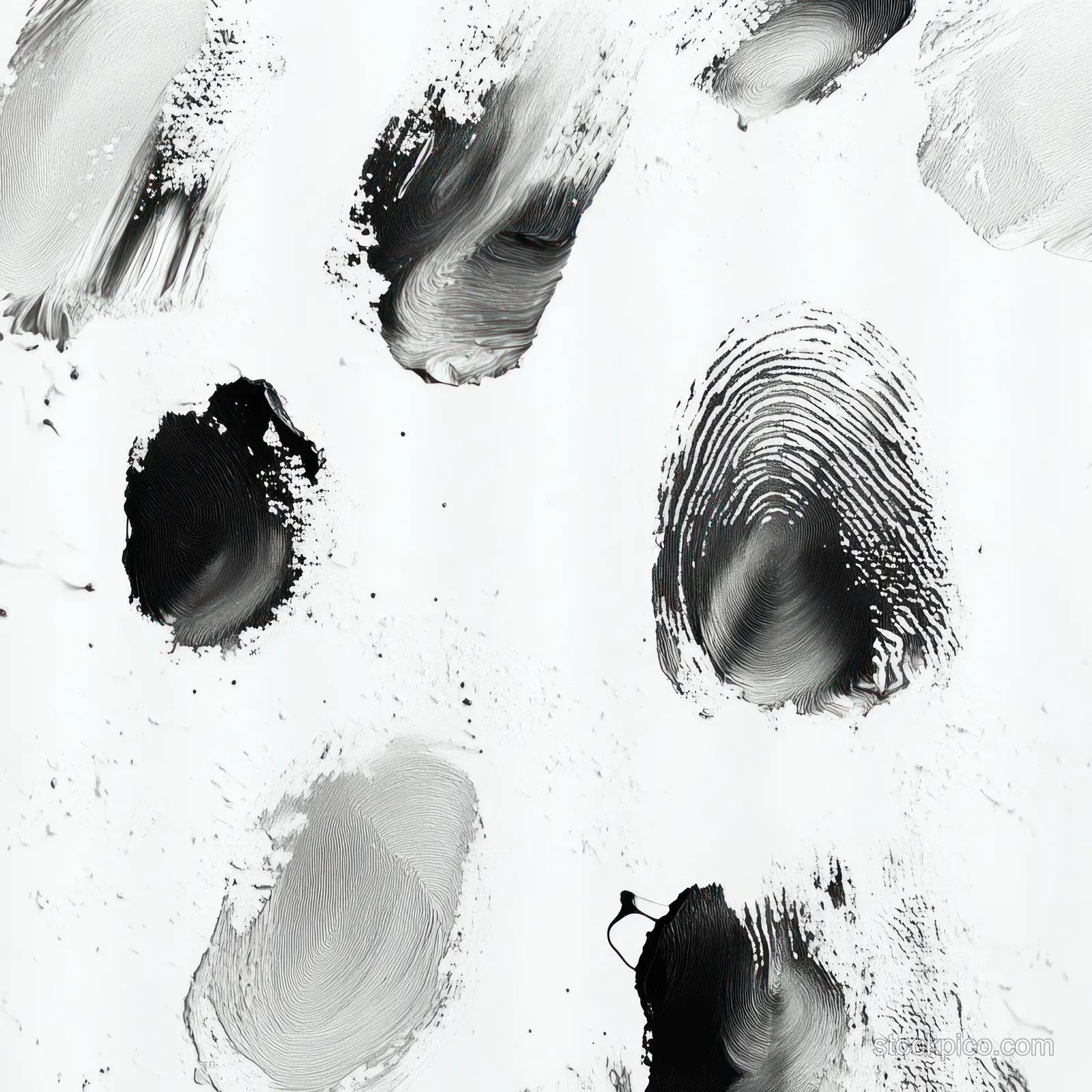 Close-up of monochrome fingerprints and smudges on a white surface showing ridge patterns and ink marks.