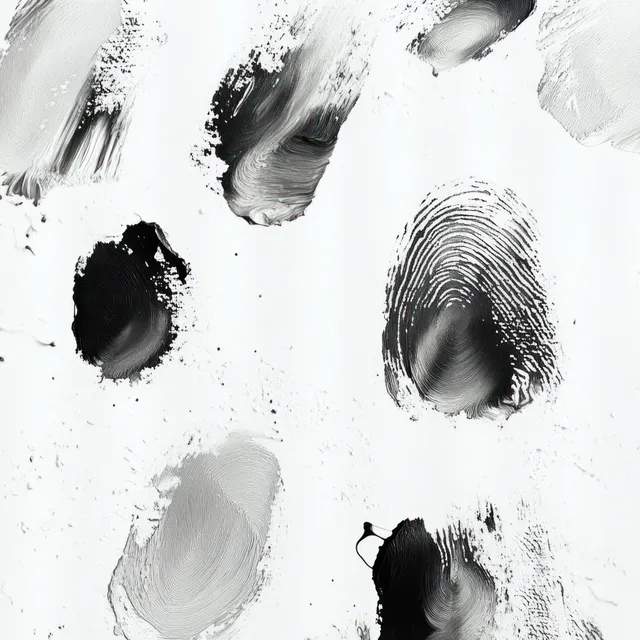 Close-up of monochrome fingerprints and smudges on a white surface showing ridge patterns and ink marks.